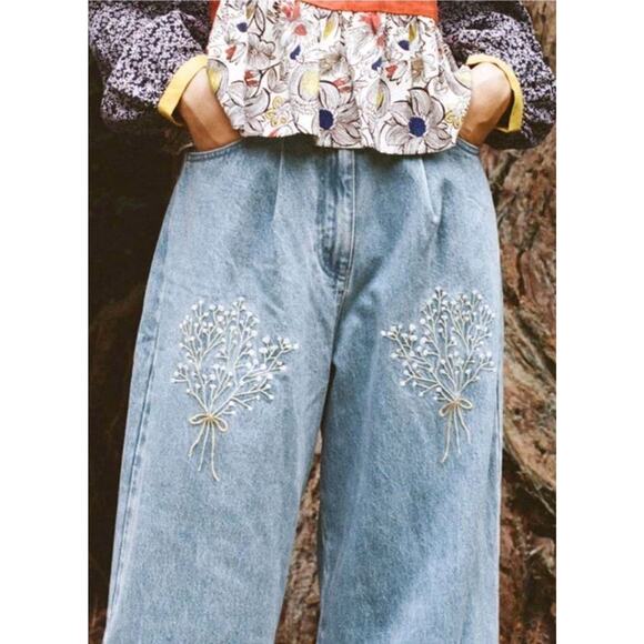 Meadows 6 Murselis Jeans Baggy Barrel Wide Leg Pants High Waisted Embroidered - Picture 2 of 15